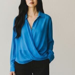 BCBGMAXAZRIA Sheer Chiffon Wrap Top XL Light Blue Romantic Date Night